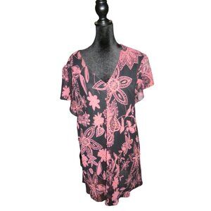 BOGO Signature JMD Black & Pink Floral Button up short sleeve Blouse 2X